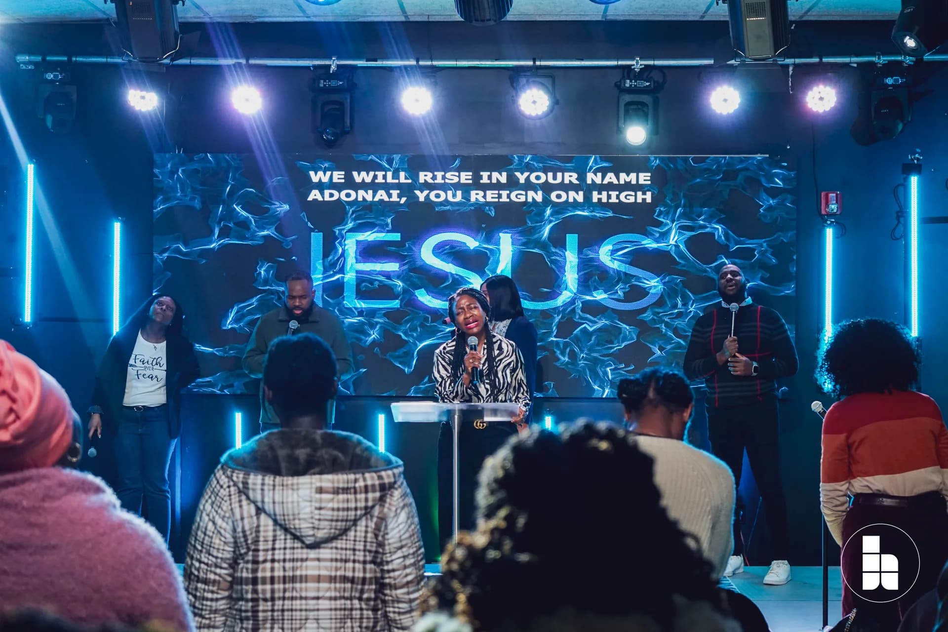 The congregation and platform during a Sunday service at Jubilee Place