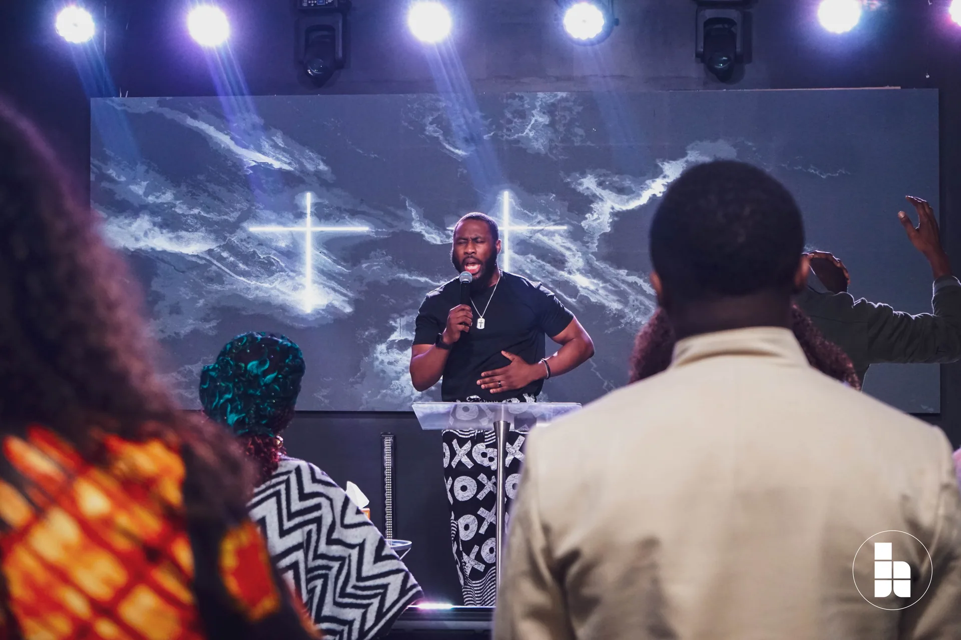 The congregation gathered during a time of prayer